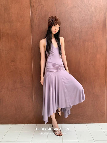 DKZ OFFICIAL Purple Deep V Halter Backless Pleated Women&