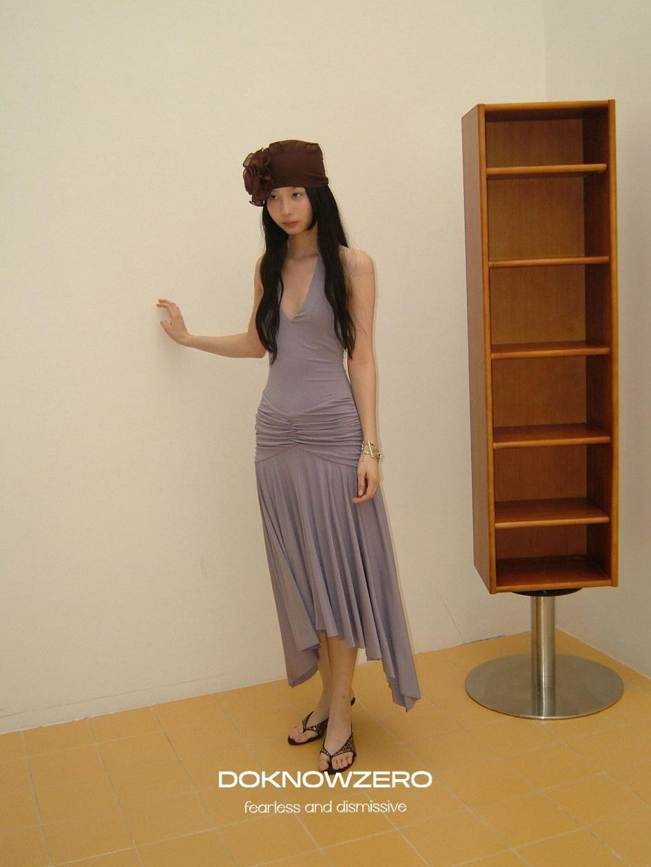 DKZ OFFICIAL Purple Deep V Halter Backless Pleated Women&