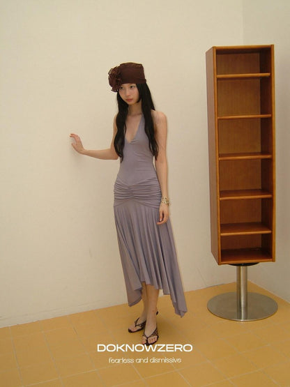 DKZ OFFICIAL Purple Deep V Halter Backless Pleated Women&