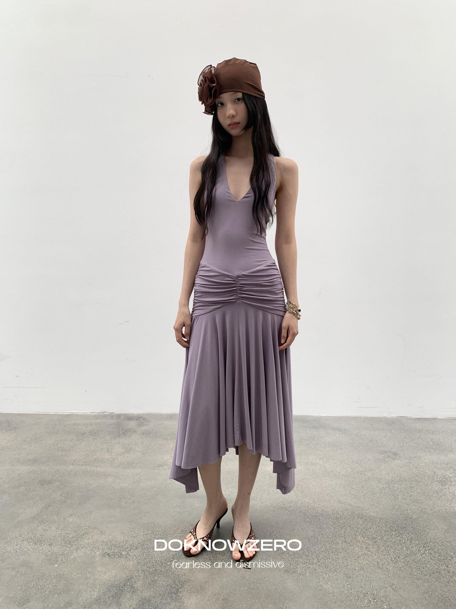 DKZ OFFICIAL Purple Deep V Halter Backless Pleated Women&