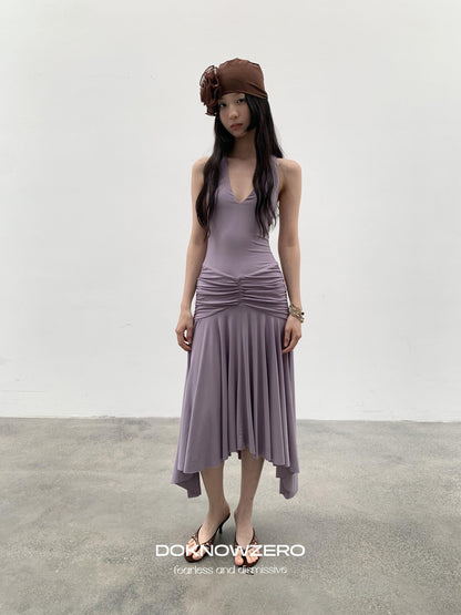 DKZ OFFICIAL Purple Deep V Halter Backless Pleated Women&
