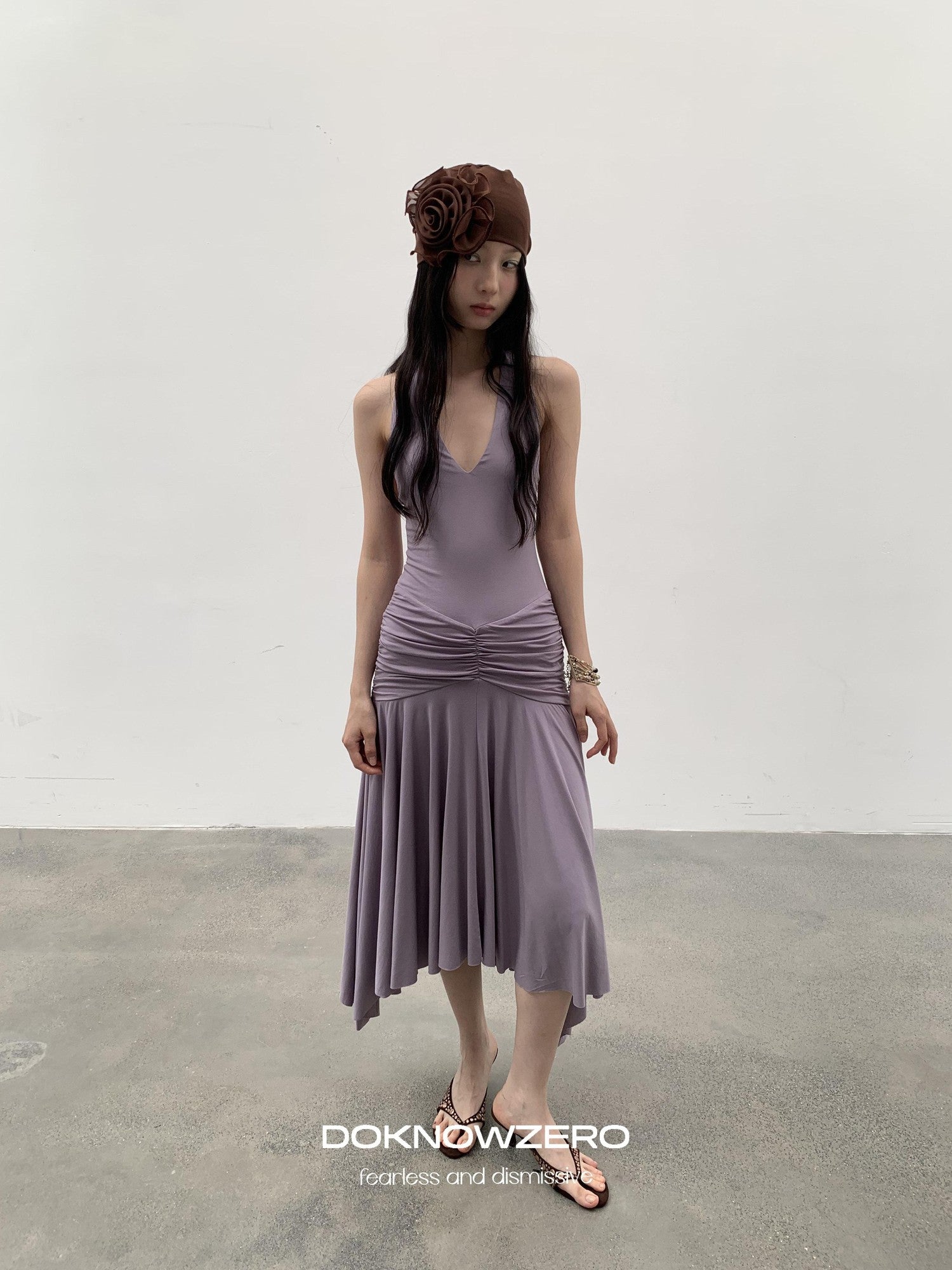 DKZ OFFICIAL Purple Deep V Halter Backless Pleated Women&