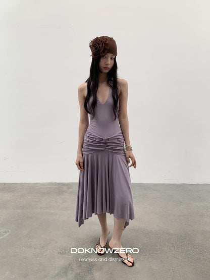DKZ OFFICIAL Purple Deep V Halter Backless Pleated Women&