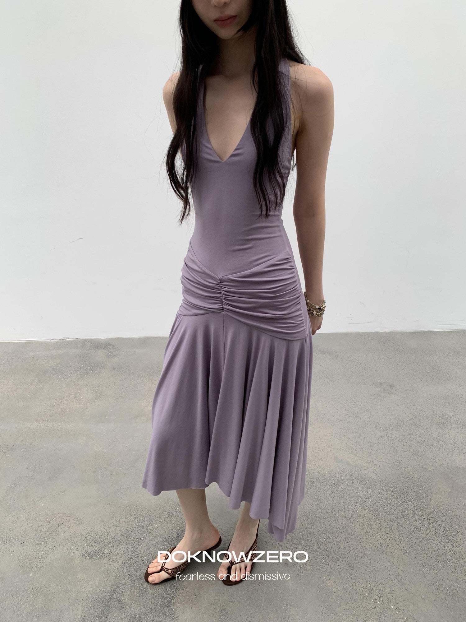 DKZ OFFICIAL Purple Deep V Halter Backless Pleated Women&