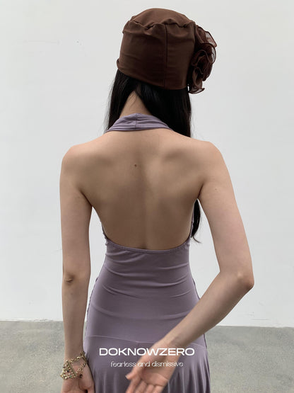 DKZ OFFICIAL Purple Deep V Halter Backless Pleated Women&