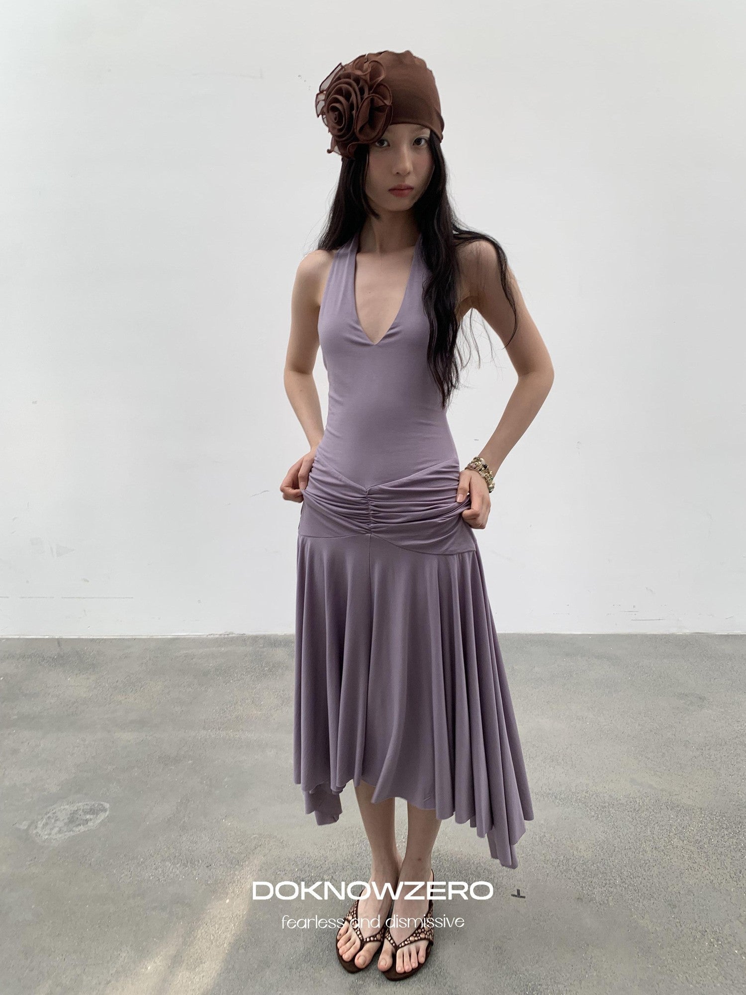 DKZ OFFICIAL Purple Deep V Halter Backless Pleated Women&