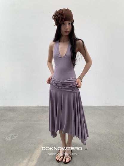 DKZ OFFICIAL Purple Deep V Halter Backless Pleated Women&