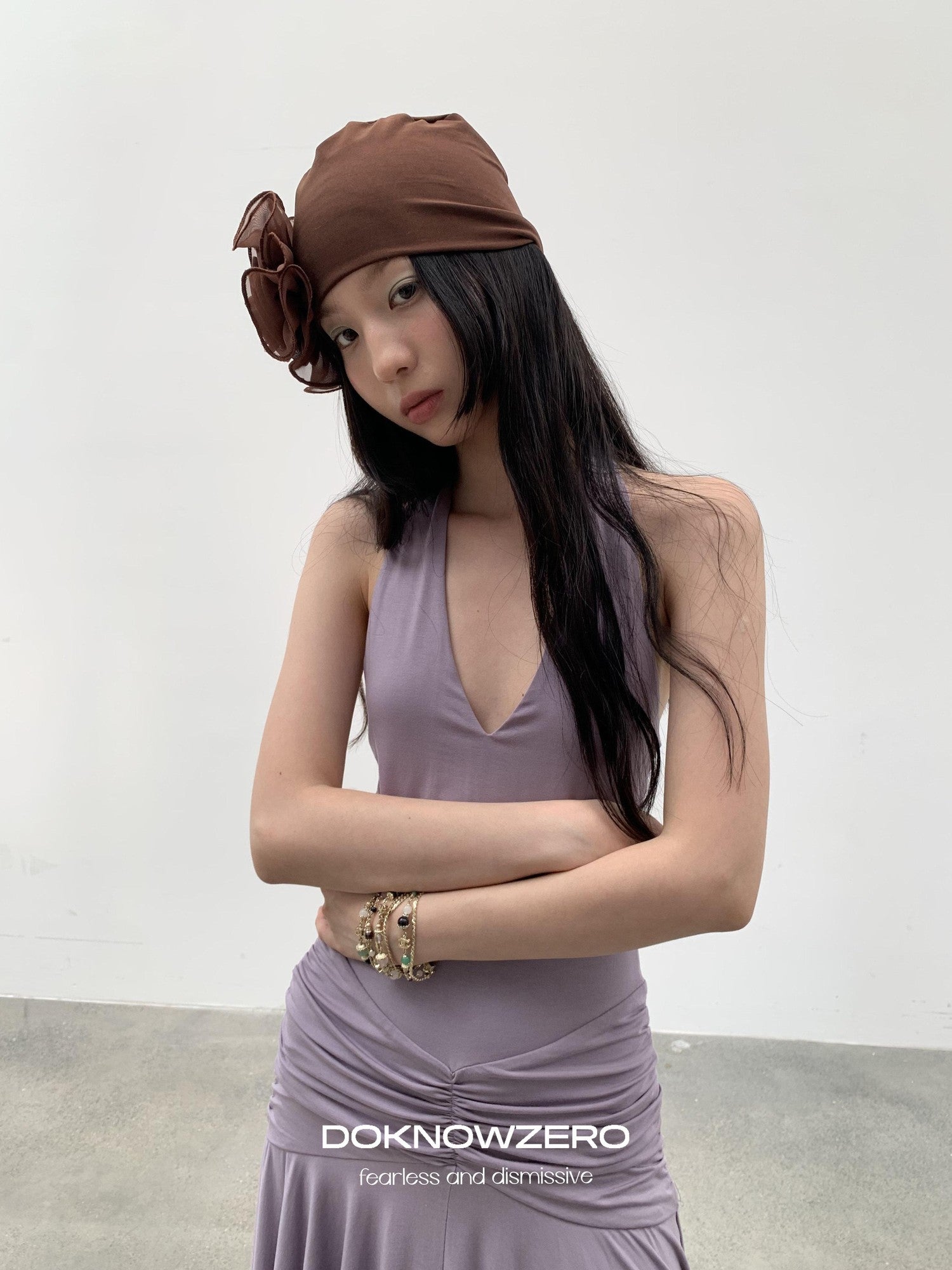 DKZ OFFICIAL Purple Deep V Halter Backless Pleated Women&