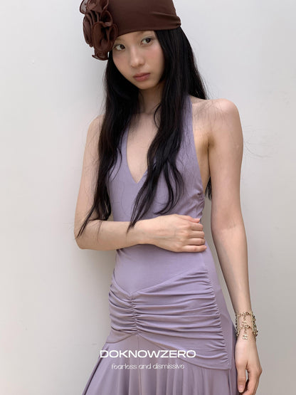 DKZ OFFICIAL Purple Deep V Halter Backless Pleated Women&
