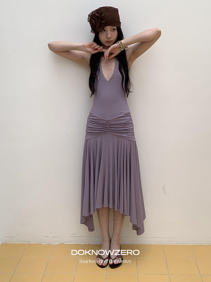 DKZ OFFICIAL Purple Deep V Halter Backless Pleated Women&