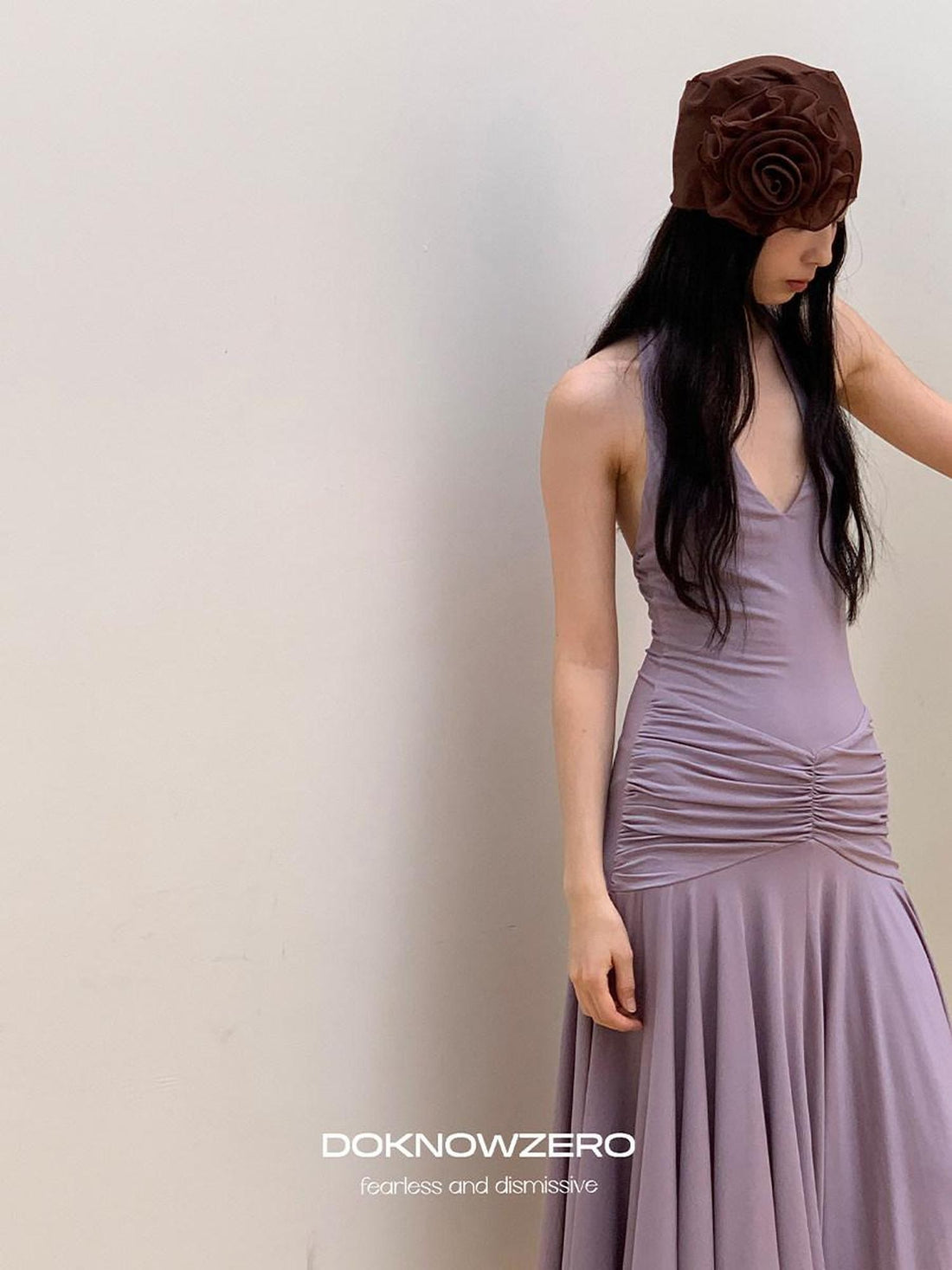 DKZ OFFICIAL Purple Deep V Halter Backless Pleated Women&