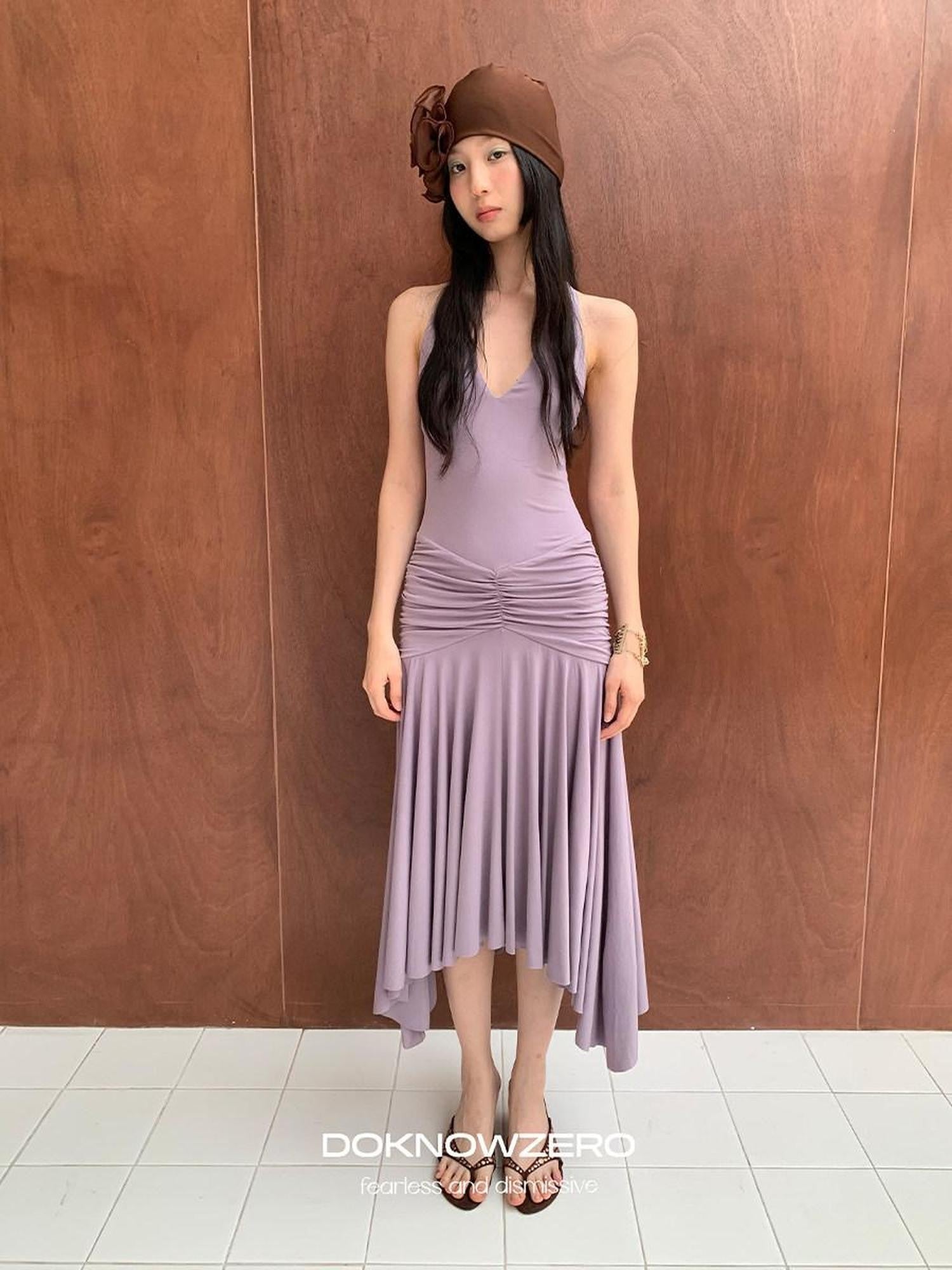 DKZ OFFICIAL Purple Deep V Halter Backless Pleated Women&
