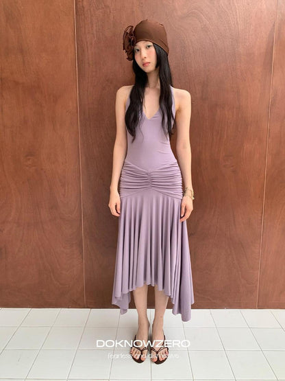 DKZ OFFICIAL Purple Deep V Halter Backless Pleated Women&