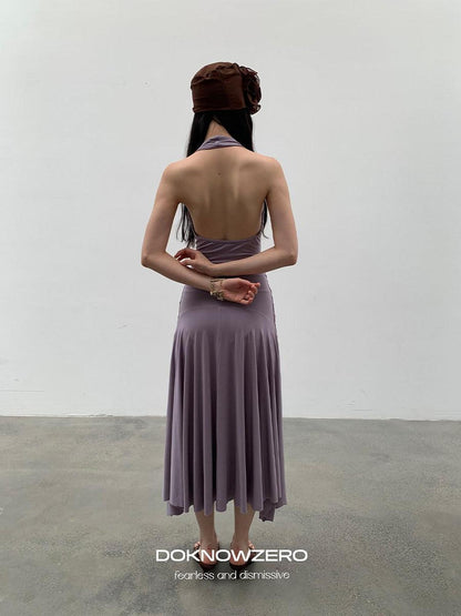 DKZ OFFICIAL Purple Deep V Halter Backless Pleated Women&