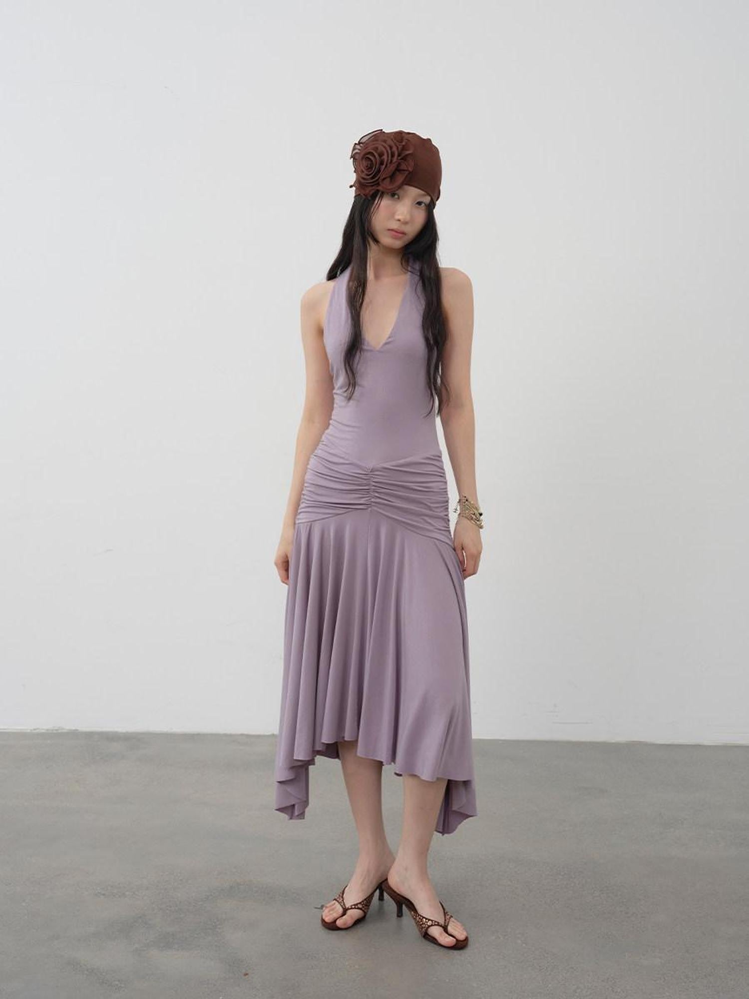 DKZ OFFICIAL Purple Deep V Halter Backless Pleated Women&