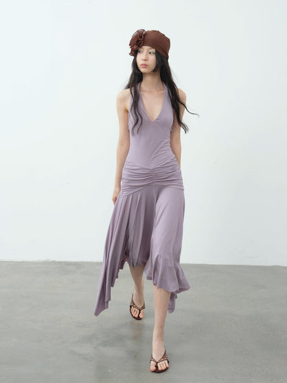 DKZ OFFICIAL Purple Deep V Halter Backless Pleated Women&