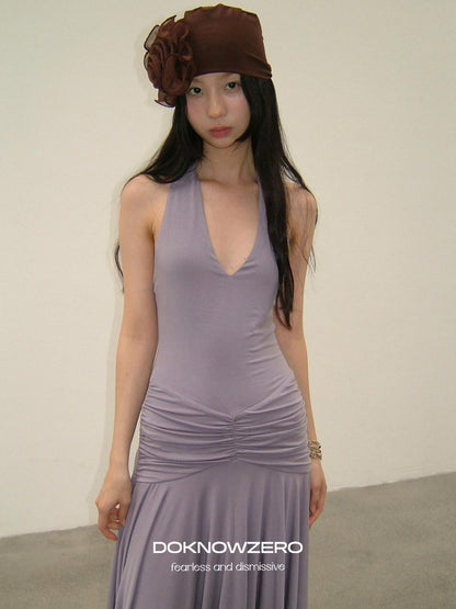DKZ OFFICIAL Purple Deep V Halter Backless Pleated Women&