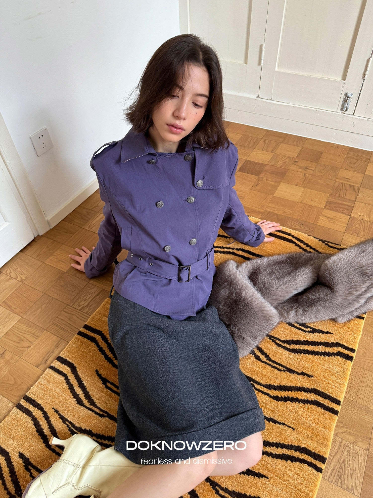DKZ OFFICIAL Purple Double Breasted Short Waist Cinch Women&