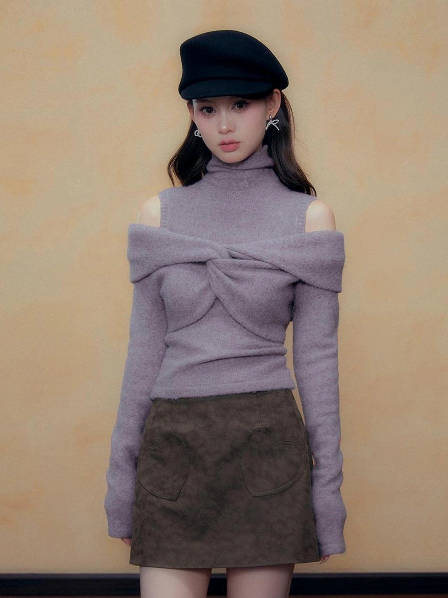 DKZ OFFICIAL Purple Knit Two Piece Set With Detachable Bow Collar