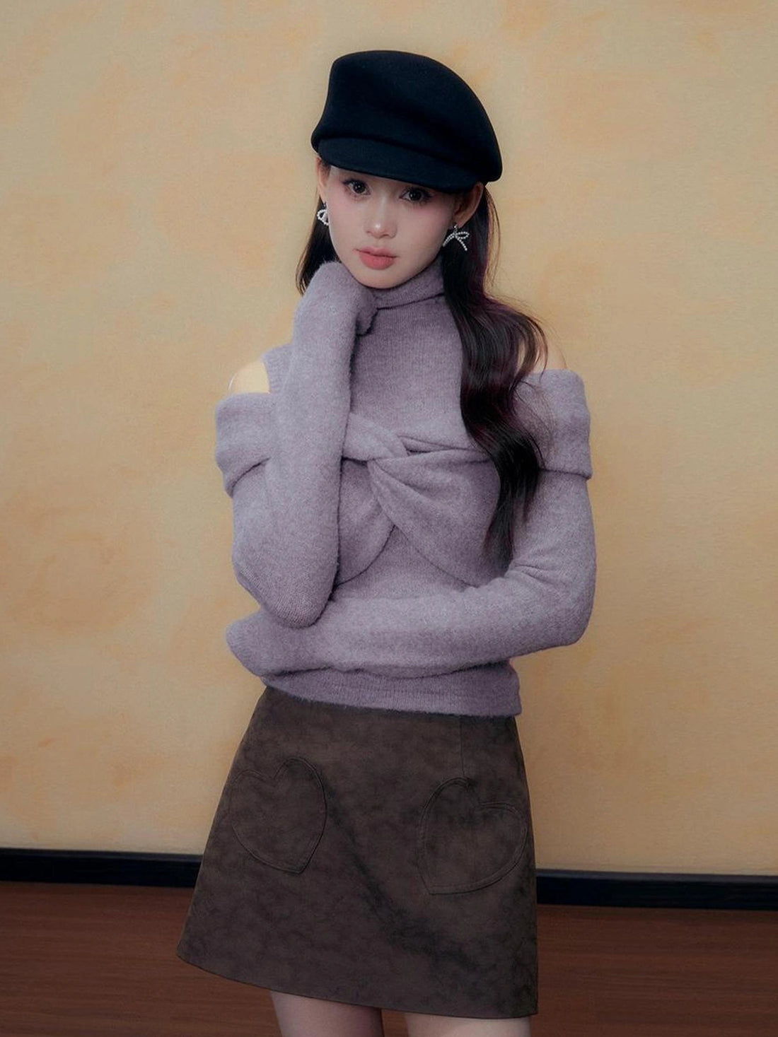 DKZ OFFICIAL Purple Knit Two Piece Set With Detachable Bow Collar