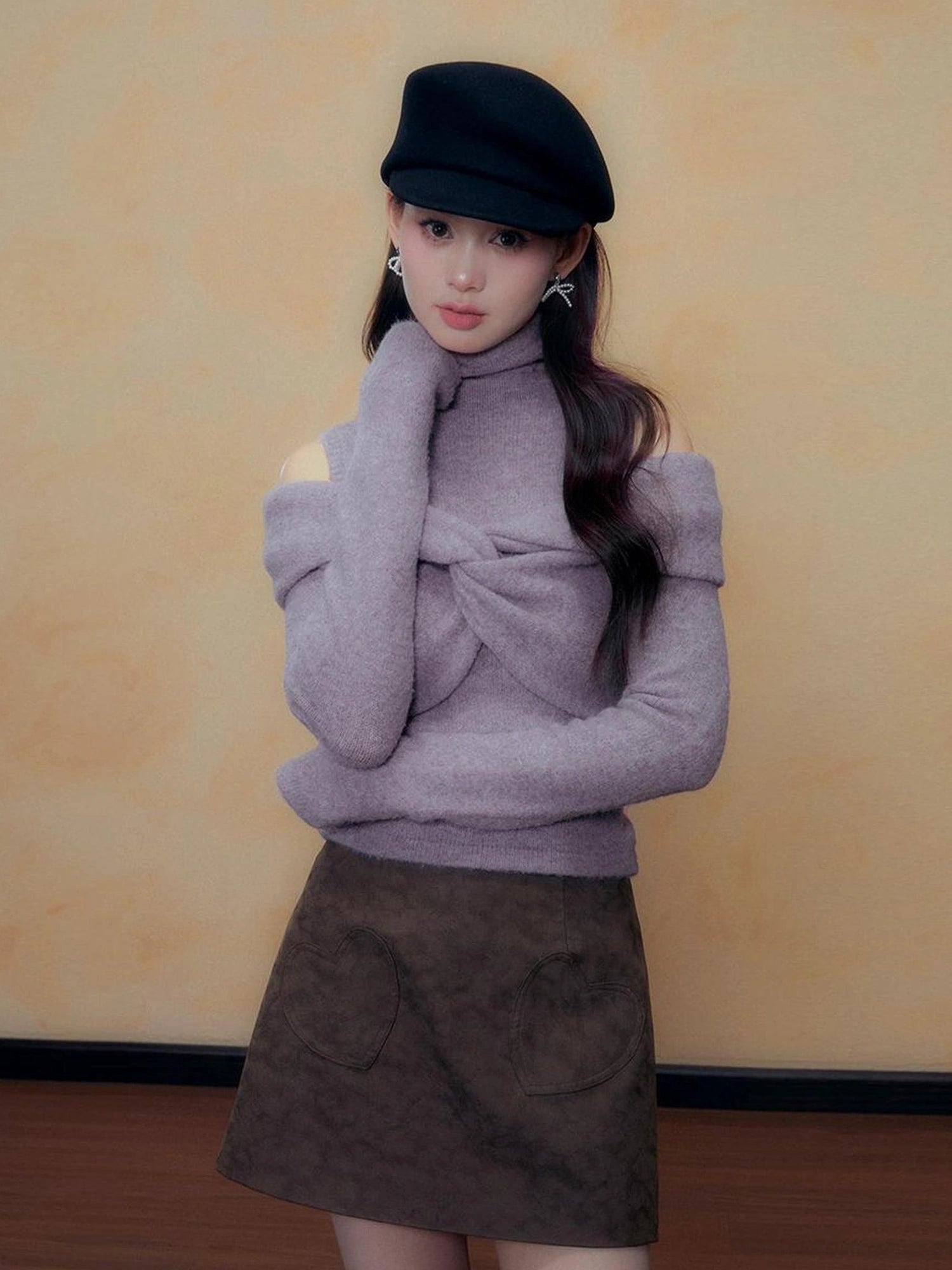DKZ OFFICIAL Purple Knit Two Piece Set With Detachable Bow Collar