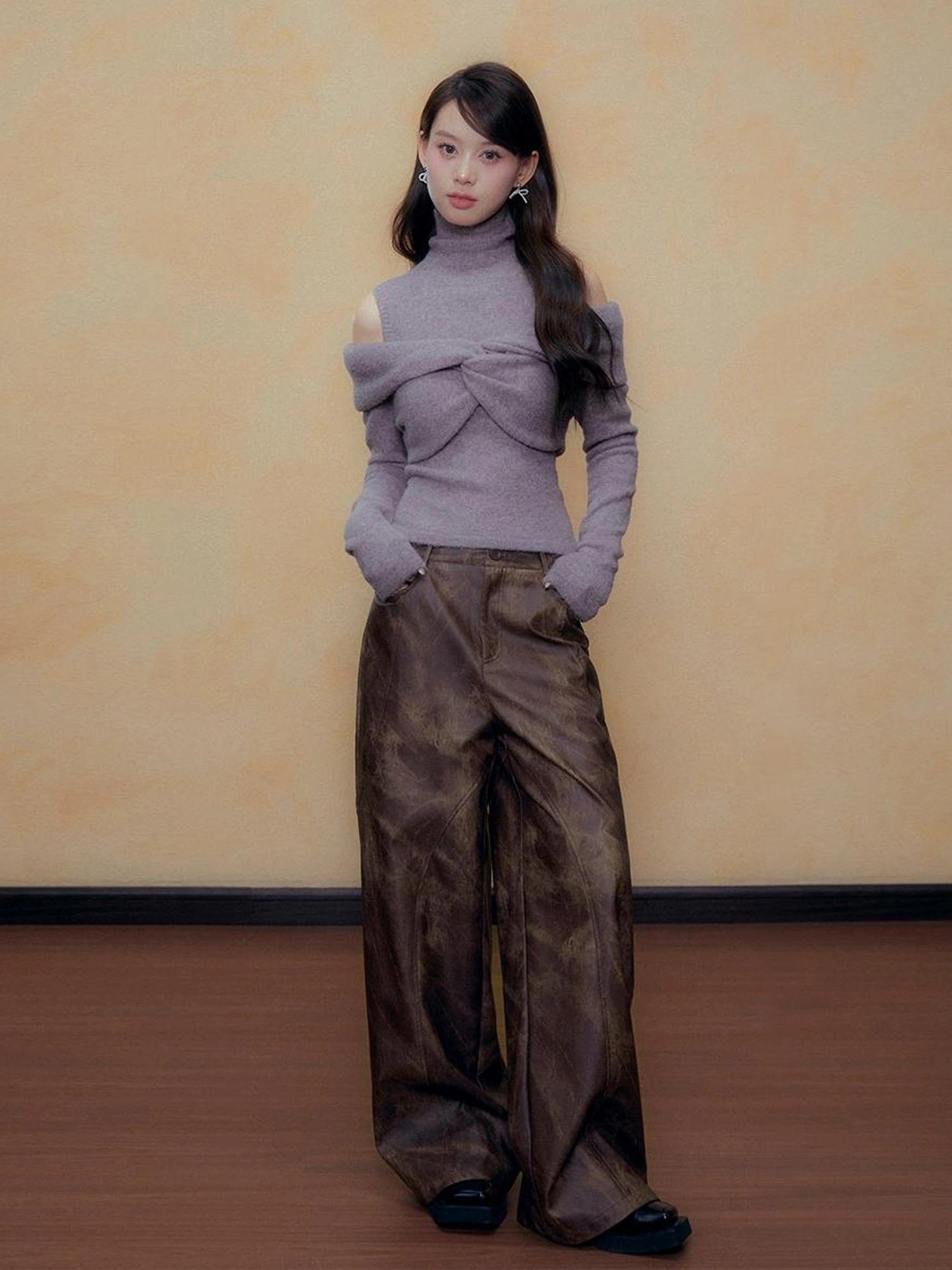 DKZ OFFICIAL Purple Knit Two Piece Set With Detachable Bow Collar