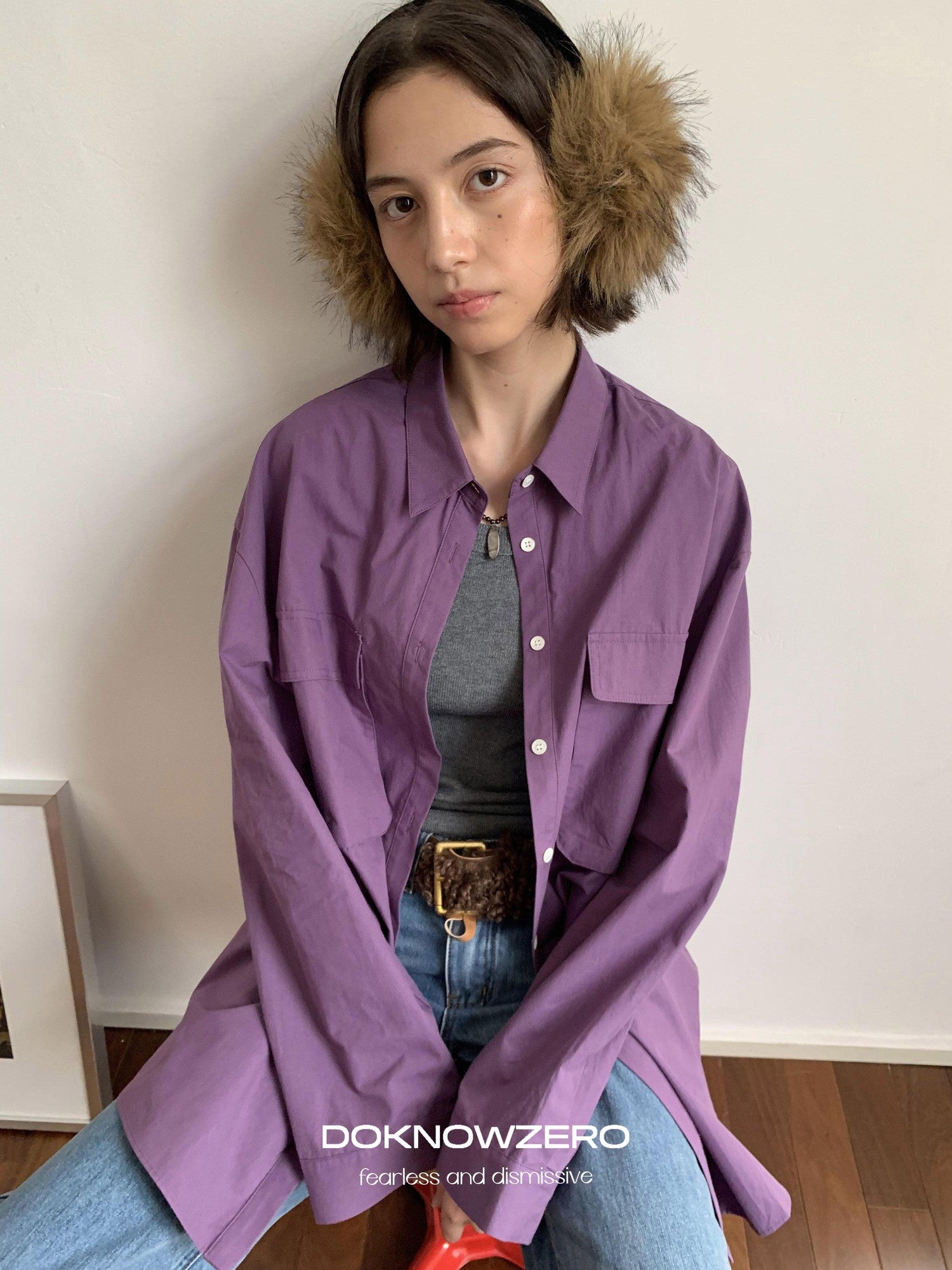 DKZ OFFICIAL Purple Oversized Lapel Patch Pocket Long Sleeve Women&