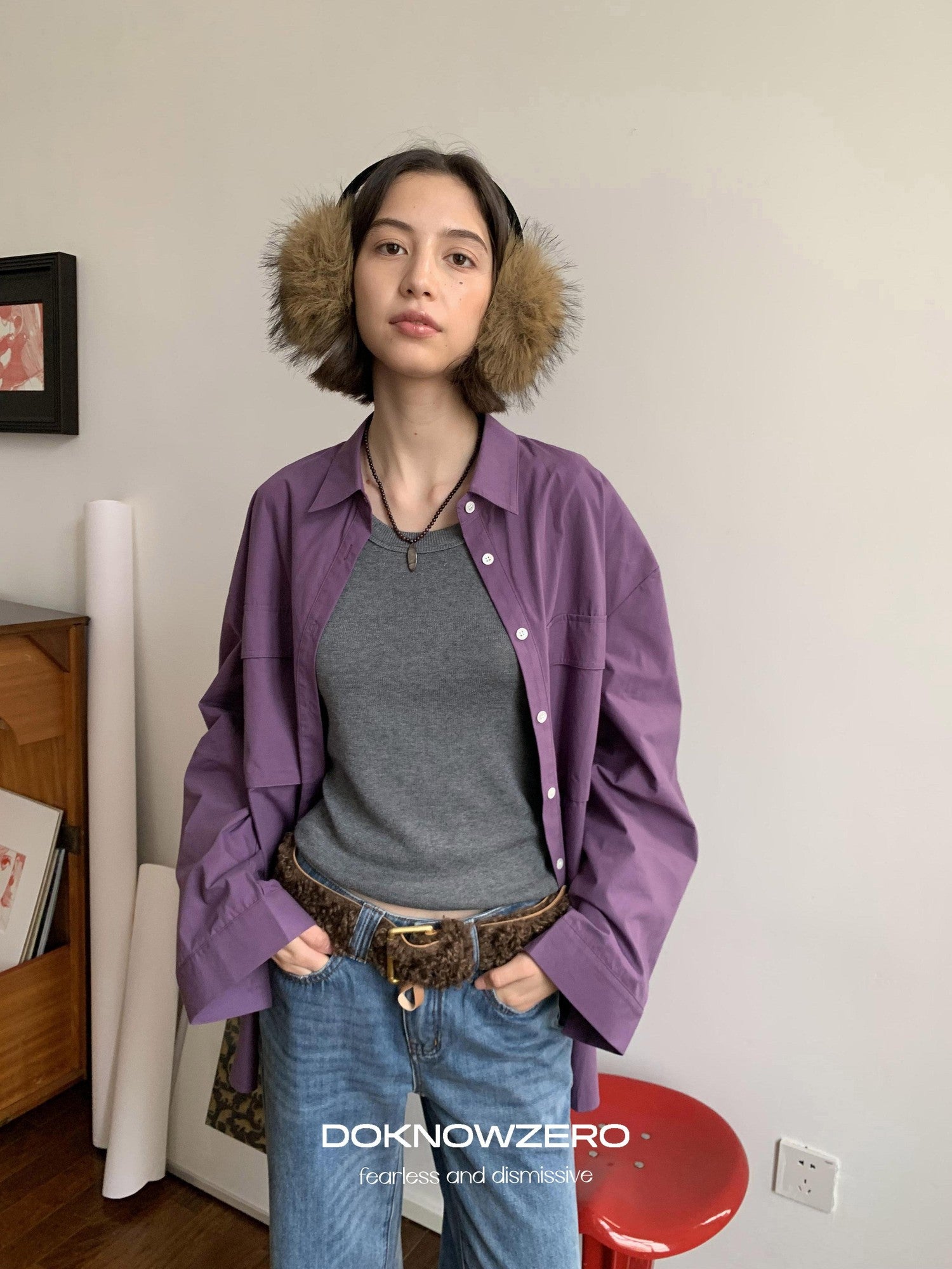 DKZ OFFICIAL Purple Oversized Lapel Patch Pocket Long Sleeve Women&