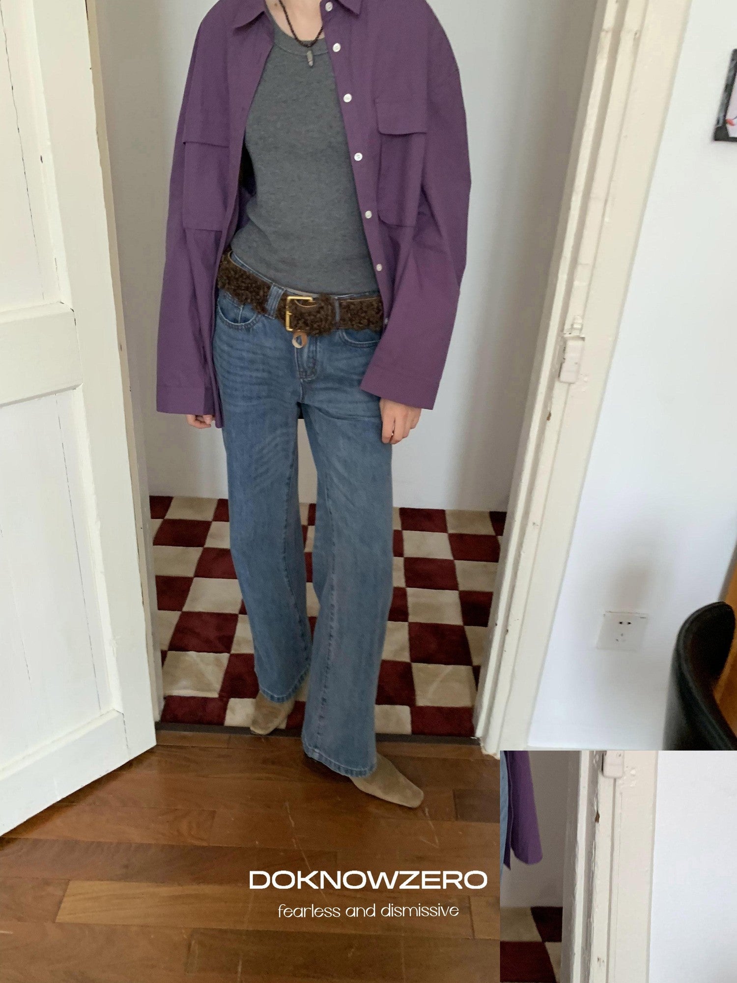 DKZ OFFICIAL Purple Oversized Lapel Patch Pocket Long Sleeve Women&