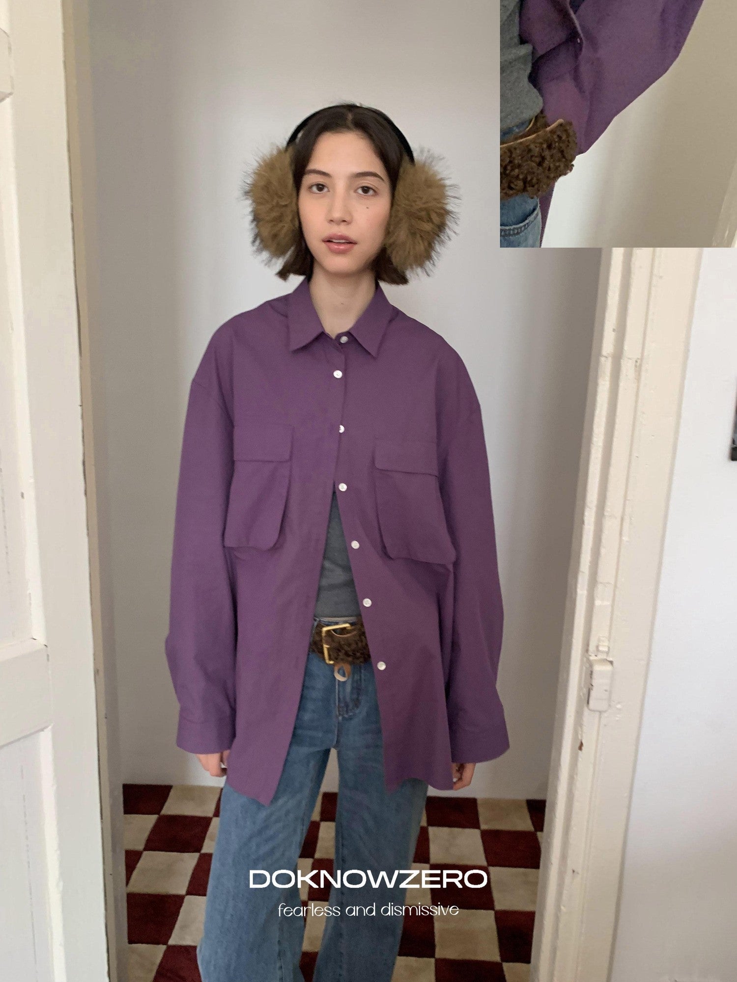 DKZ OFFICIAL Purple Oversized Lapel Patch Pocket Long Sleeve Women&