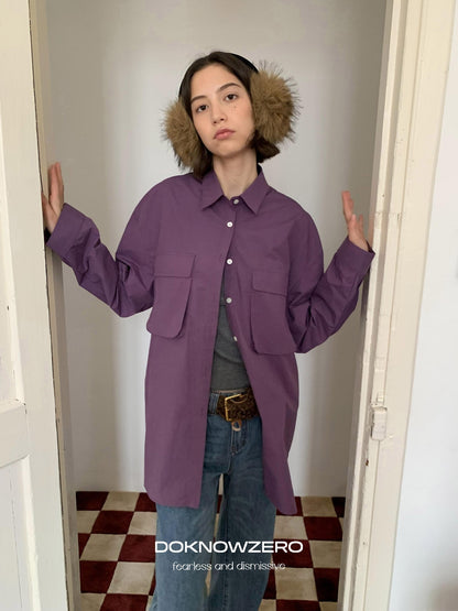 DKZ OFFICIAL Purple Oversized Lapel Patch Pocket Long Sleeve Women&