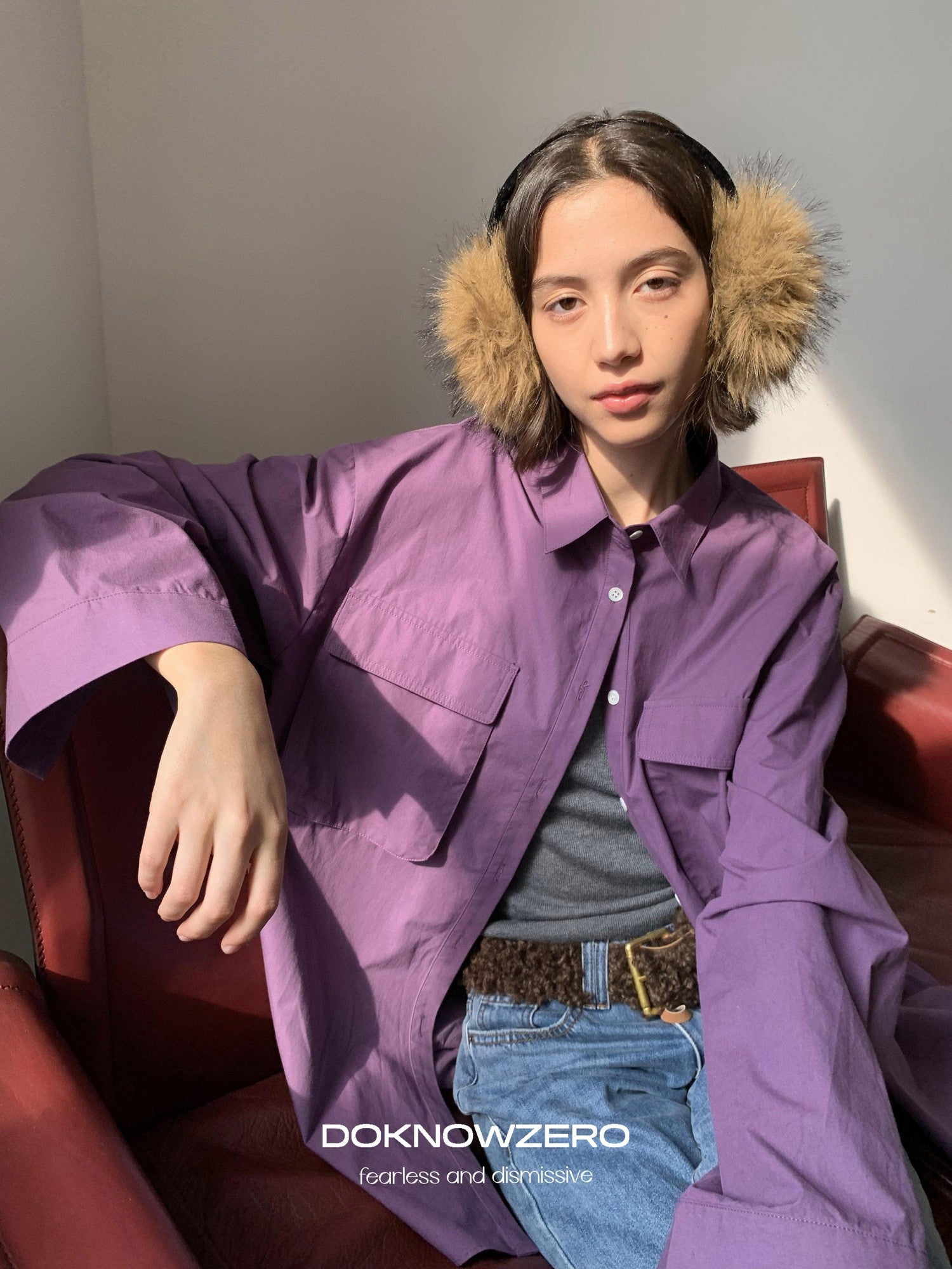 DKZ OFFICIAL Purple Oversized Lapel Patch Pocket Long Sleeve Women&
