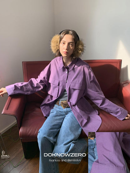 DKZ OFFICIAL Purple Oversized Lapel Patch Pocket Long Sleeve Women&
