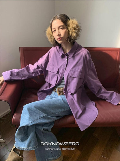 DKZ OFFICIAL Purple Oversized Lapel Patch Pocket Long Sleeve Women&