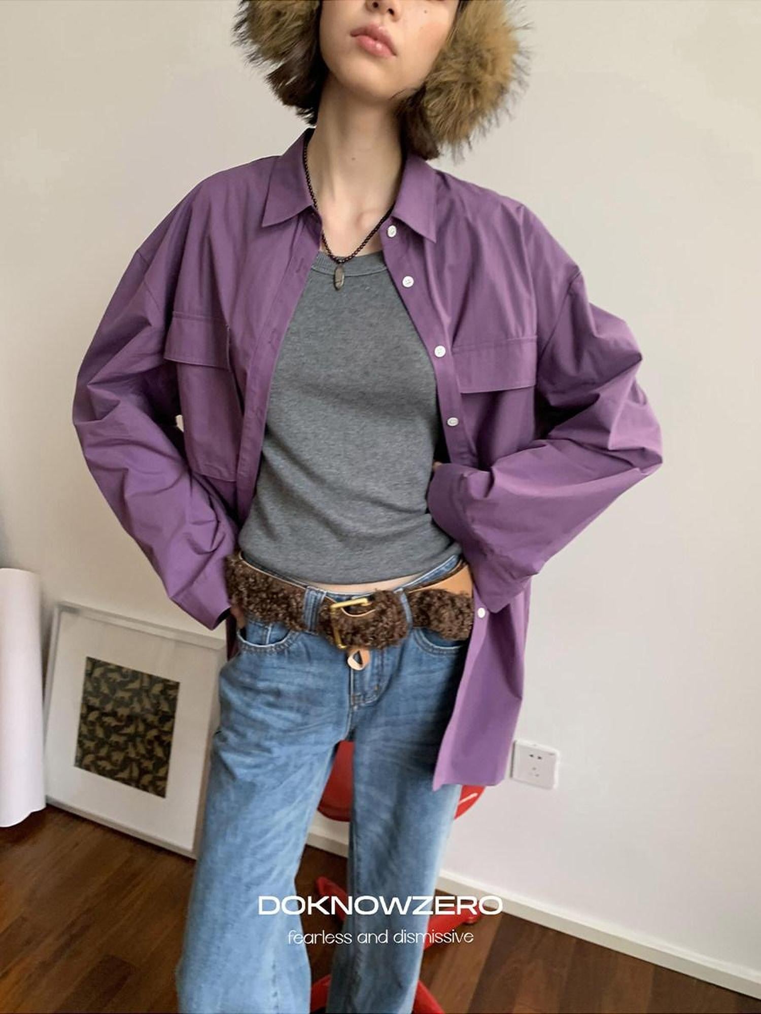DKZ OFFICIAL Purple Oversized Lapel Patch Pocket Long Sleeve Women&