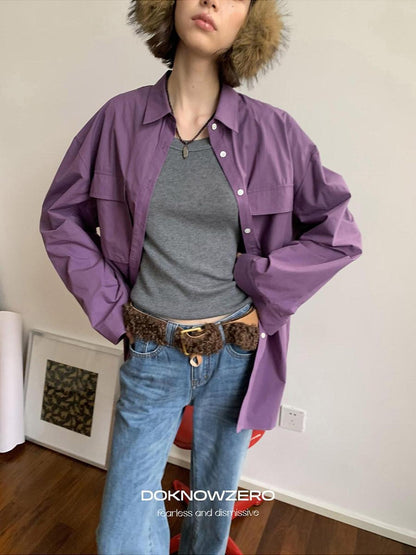 DKZ OFFICIAL Purple Oversized Lapel Patch Pocket Long Sleeve Women&
