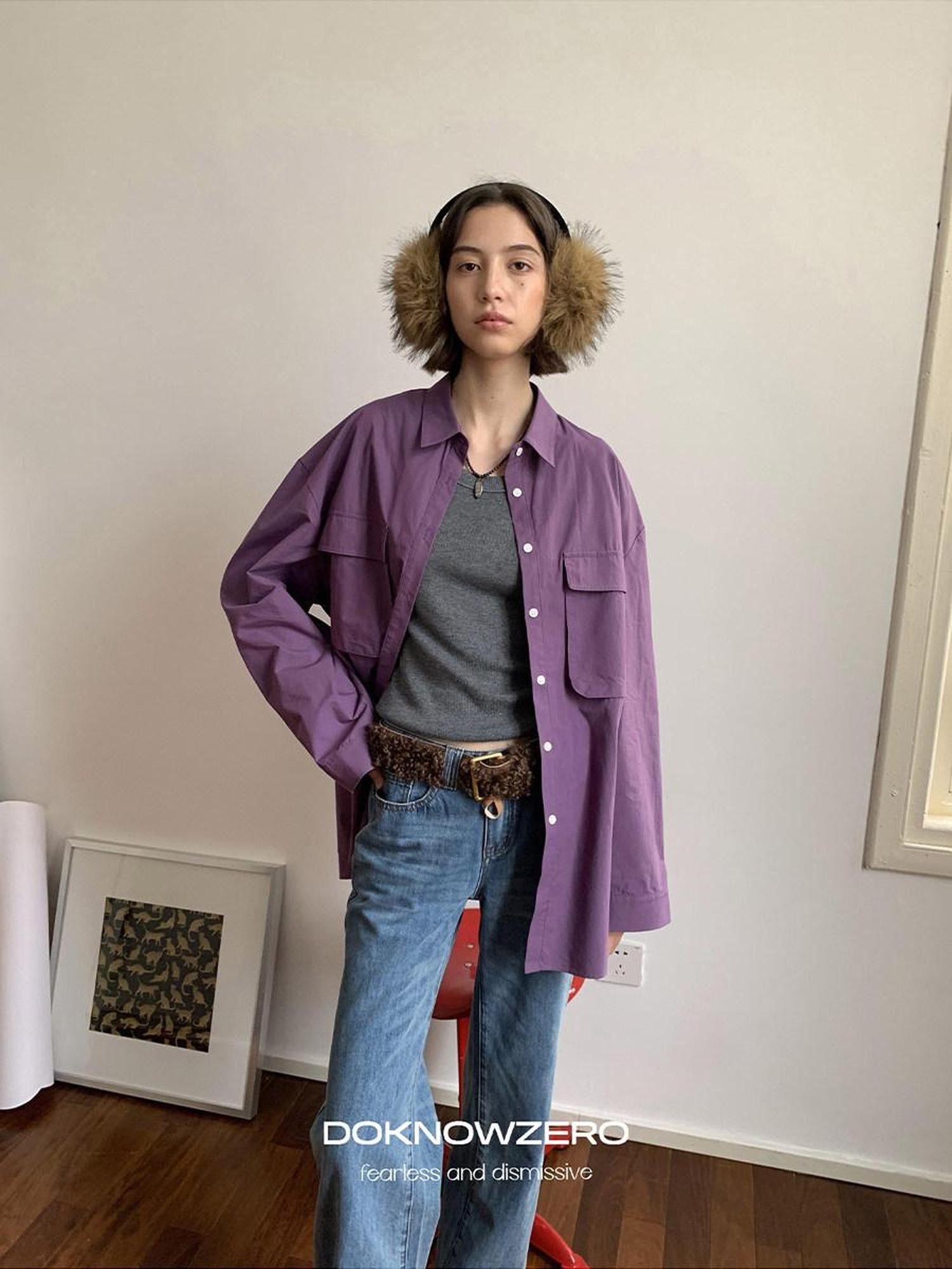 DKZ OFFICIAL Purple Oversized Lapel Patch Pocket Long Sleeve Women&