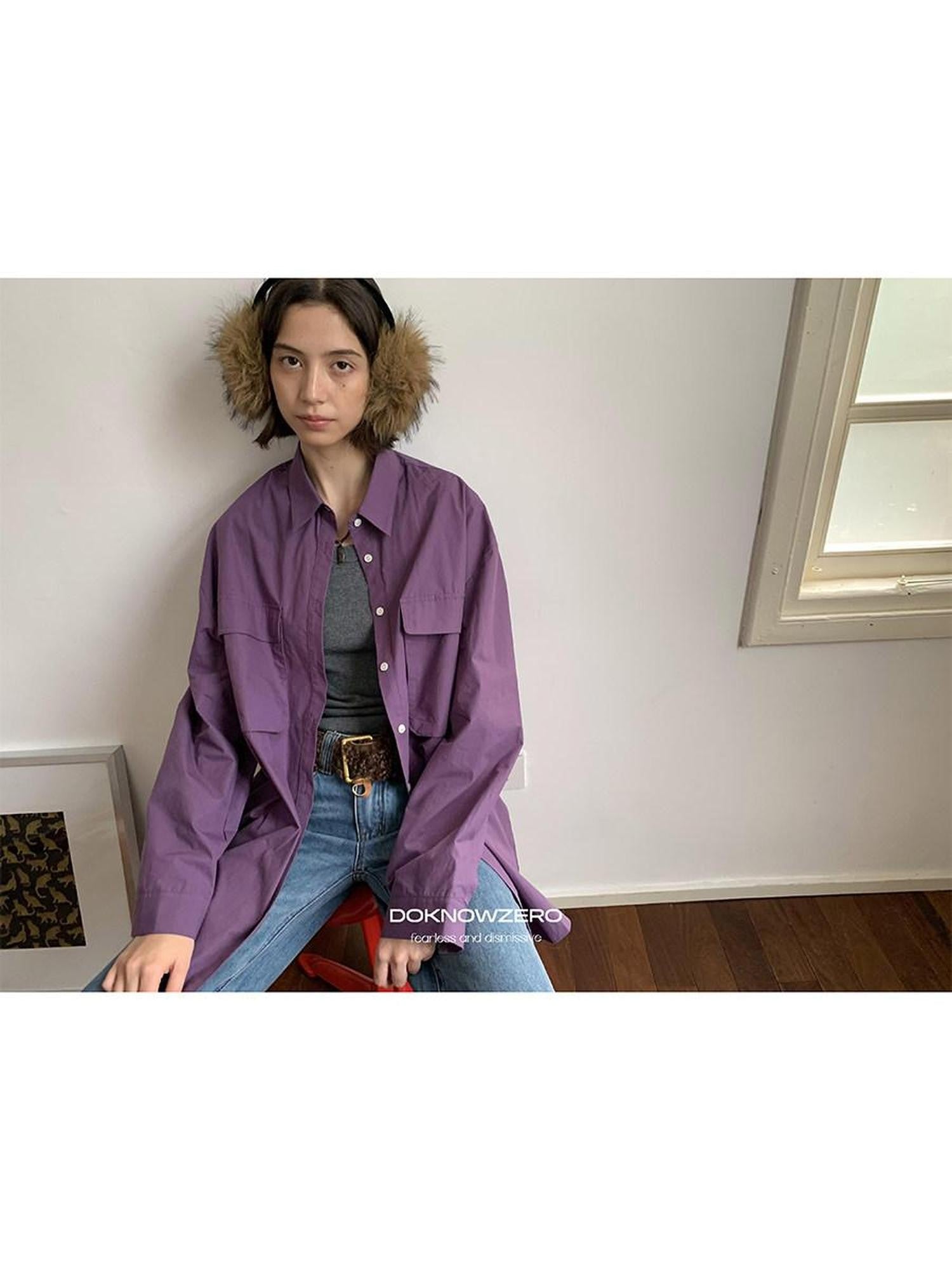 DKZ OFFICIAL Purple Oversized Lapel Patch Pocket Long Sleeve Women&