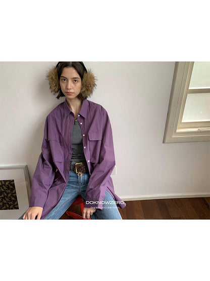 DKZ OFFICIAL Purple Oversized Lapel Patch Pocket Long Sleeve Women&