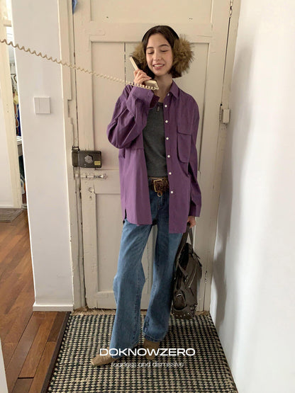 DKZ OFFICIAL Purple Oversized Lapel Patch Pocket Long Sleeve Women&