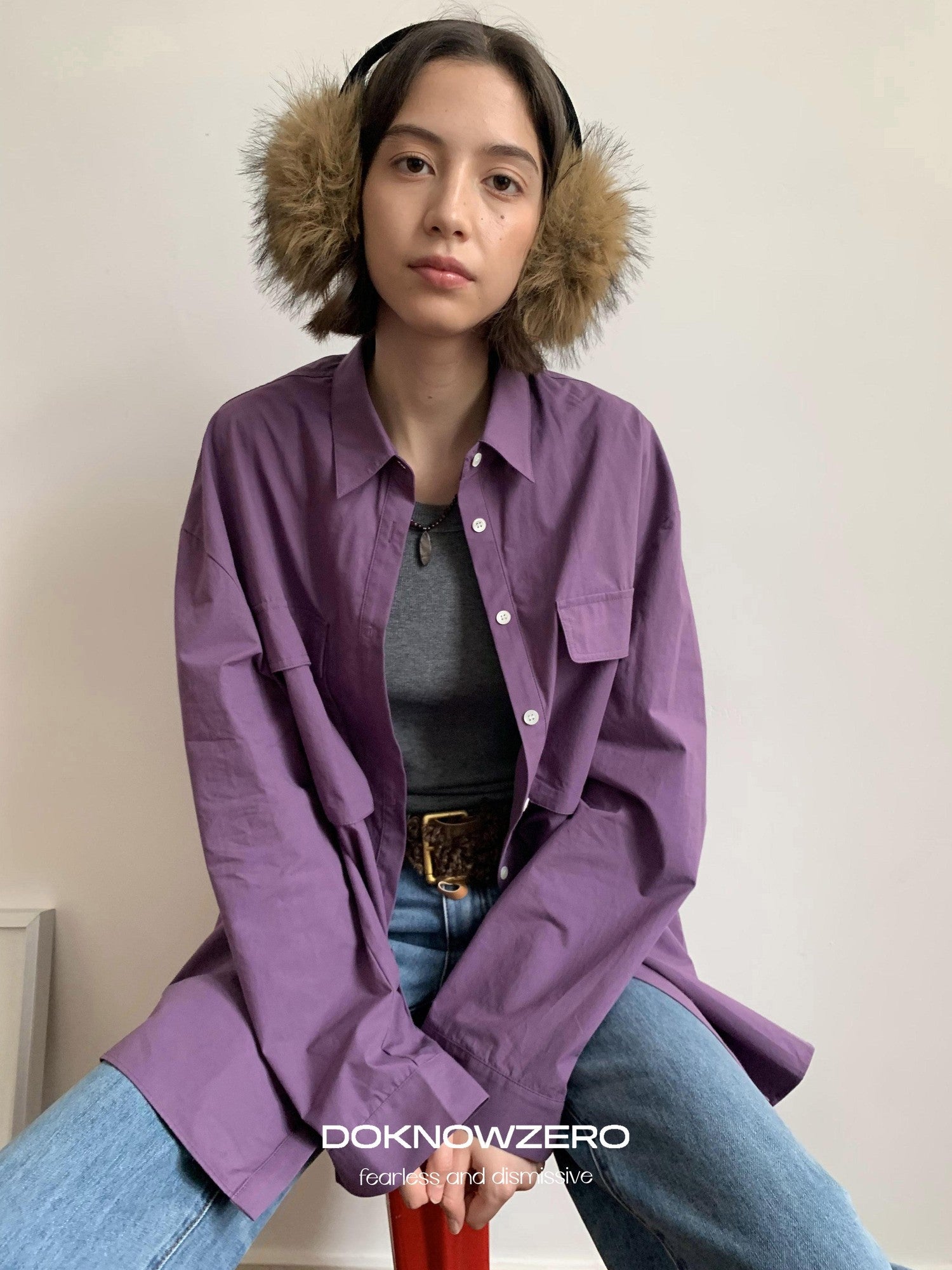 DKZ OFFICIAL Purple Oversized Lapel Patch Pocket Long Sleeve Women&