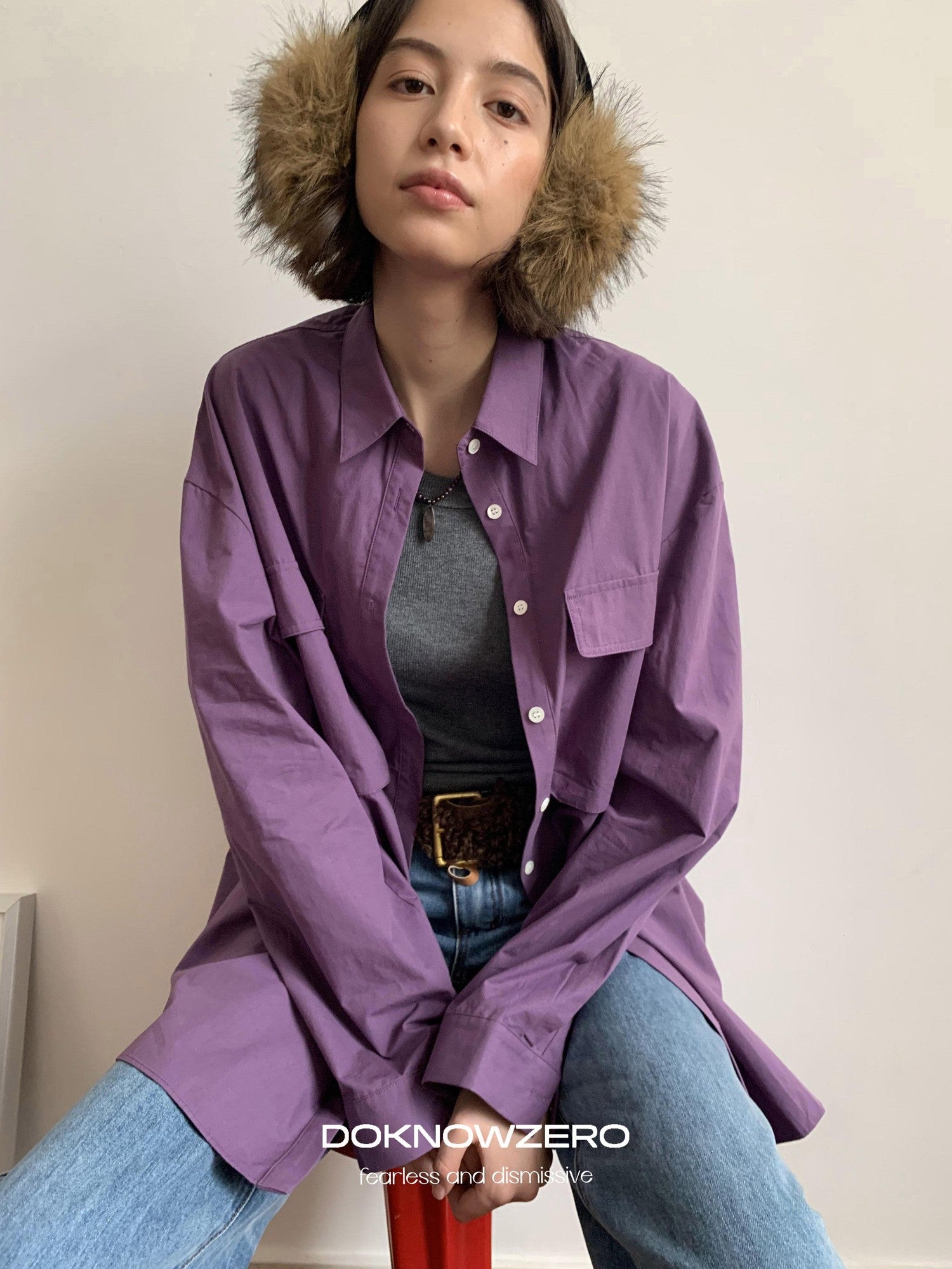 DKZ OFFICIAL Purple Oversized Lapel Patch Pocket Long Sleeve Women&