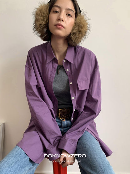 DKZ OFFICIAL Purple Oversized Lapel Patch Pocket Long Sleeve Women&