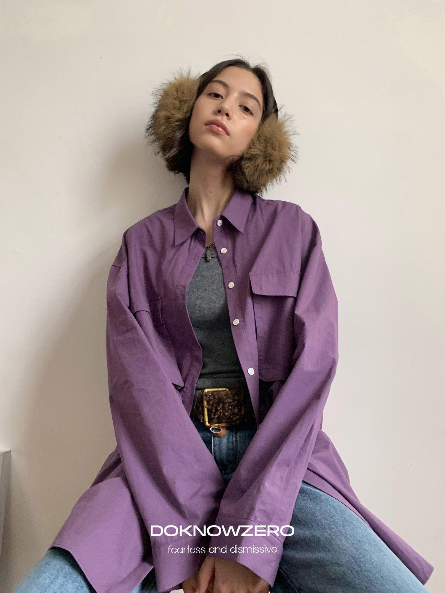 DKZ OFFICIAL Purple Oversized Lapel Patch Pocket Long Sleeve Women&