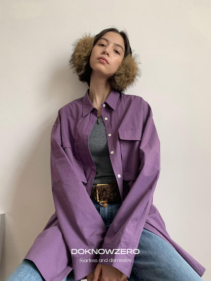 DKZ OFFICIAL Purple Oversized Lapel Patch Pocket Long Sleeve Women&