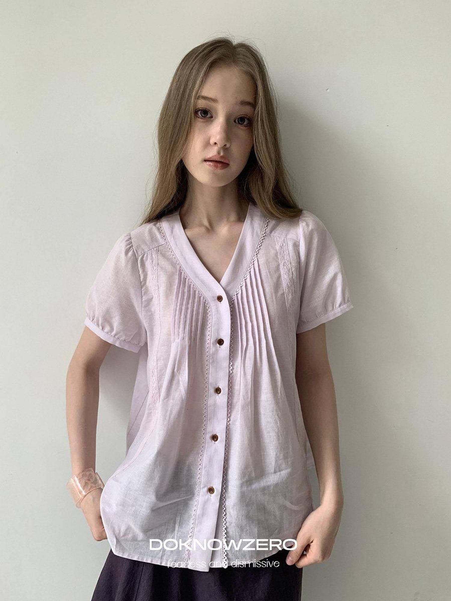 DKZ OFFICIAL Purple Pleated Embroidered V-neck Women&