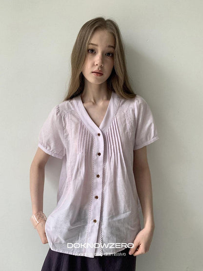 DKZ OFFICIAL Purple Pleated Embroidered V-neck Women&