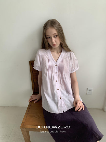 DKZ OFFICIAL Purple Pleated Embroidered V-neck Women&