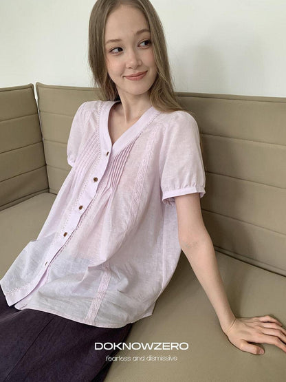DKZ OFFICIAL Purple Pleated Embroidered V-neck Women&