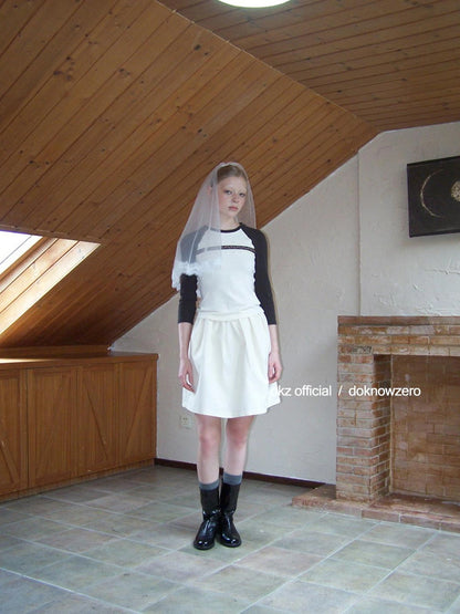 DKZ OFFICIAL Raglan Sleeve Lace Trim Ribbed T-shirt
